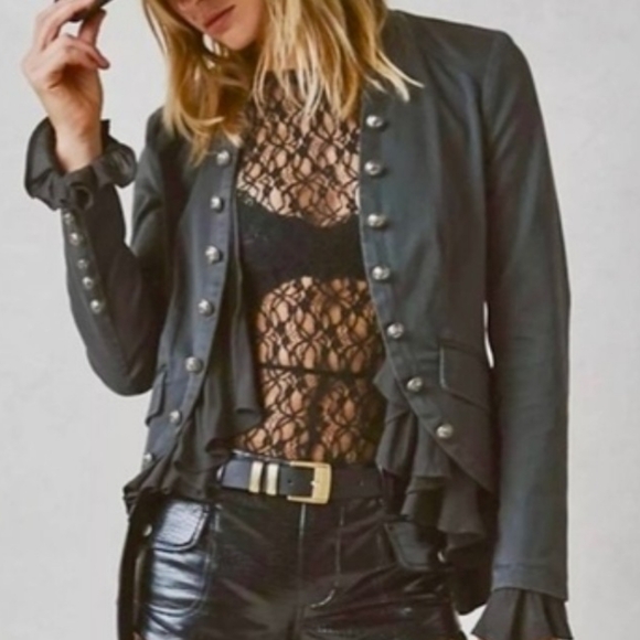 Free People Military Jacket Gray Romantic Ruffles - Picture 15 of 16